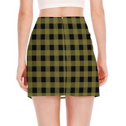 Olive Green Buffalo Check Pattern Print Side Slit Mini Skirt