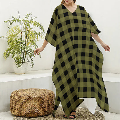 Olive Green Buffalo Check Pattern Print Silk V-Neck Kaftan Dress
