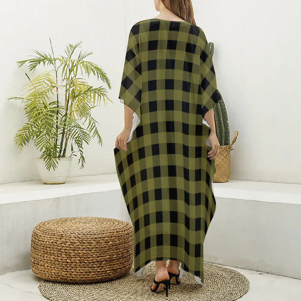 Olive Green Buffalo Check Pattern Print Silk V-Neck Kaftan Dress
