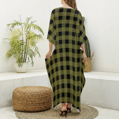 Olive Green Buffalo Check Pattern Print Silk V-Neck Kaftan Dress