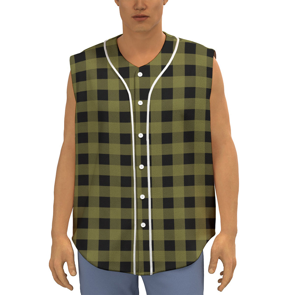 Olive Green Buffalo Check Pattern Print Sleeveless Baseball Jersey