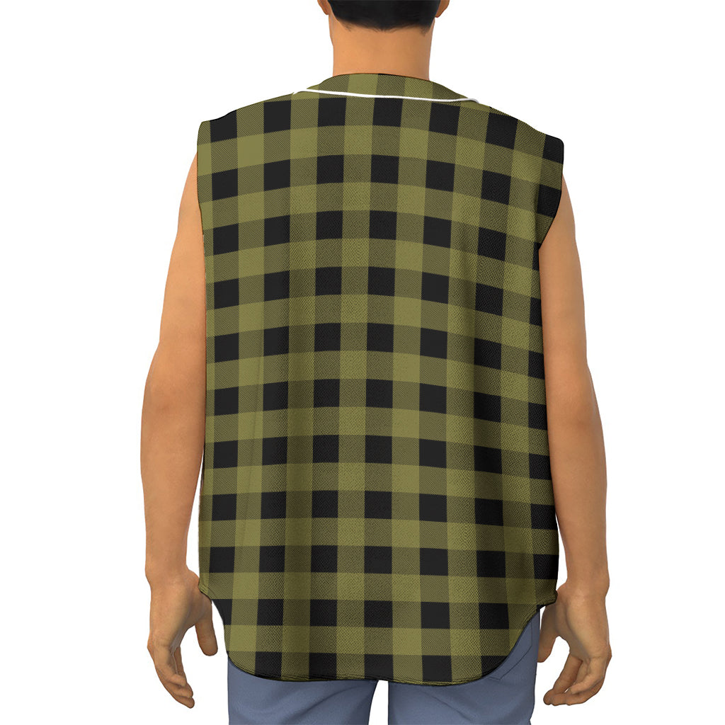 Olive Green Buffalo Check Pattern Print Sleeveless Baseball Jersey