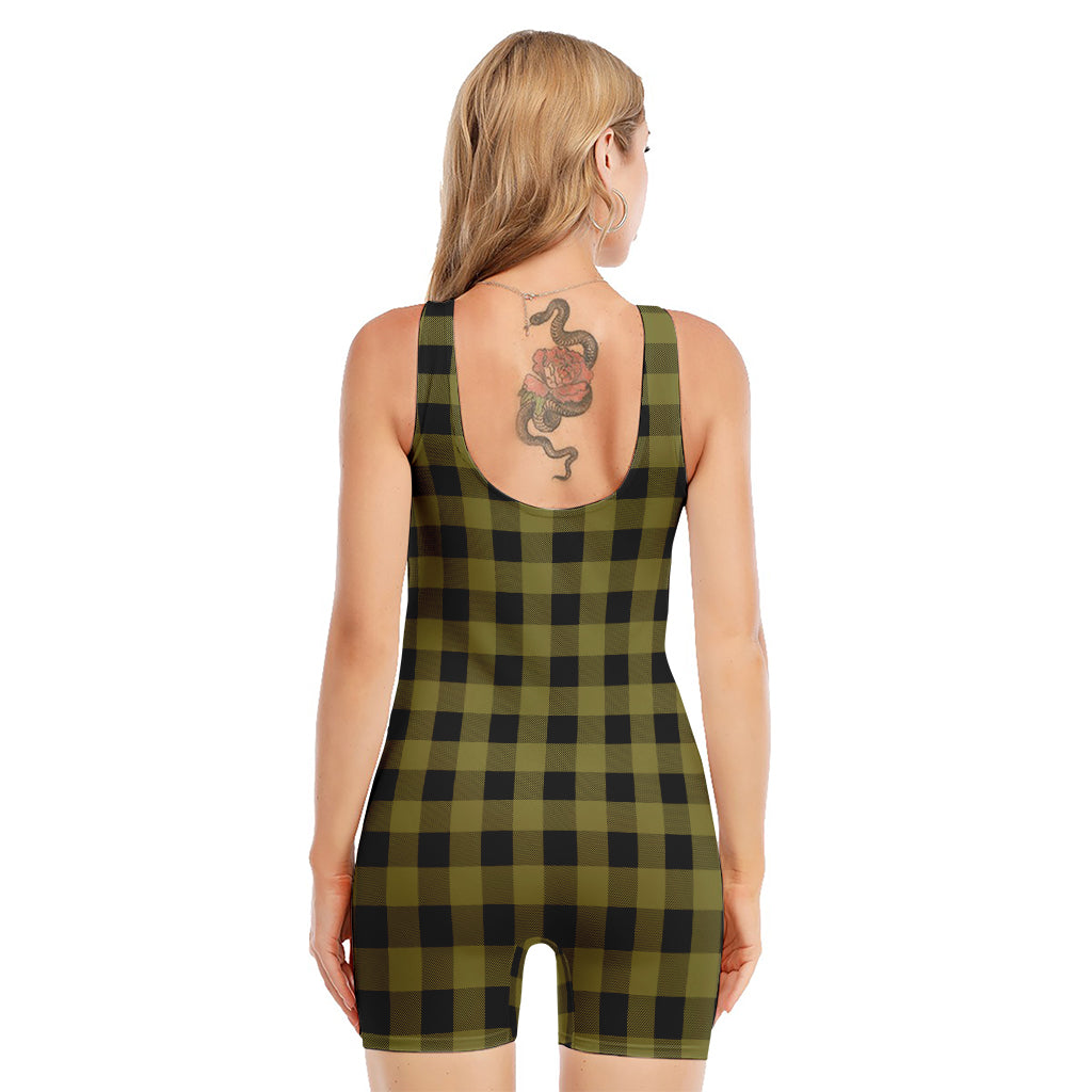 Olive Green Buffalo Check Pattern Print Sleeveless One Piece Swimsuit