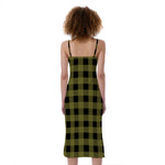 Olive Green Buffalo Check Pattern Print Slim Fit Midi Cami Dress