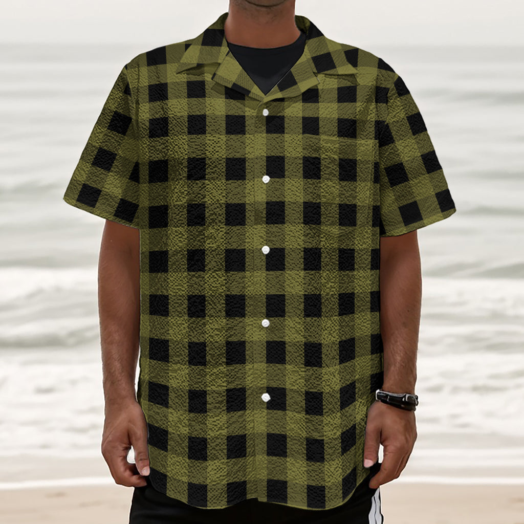 Olive Green Buffalo Check Pattern Print Textured Short Sleeve Shirt