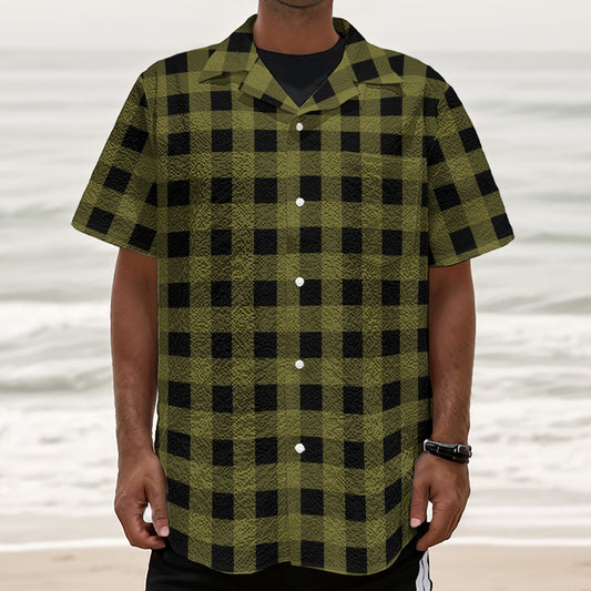 Olive Green Buffalo Check Pattern Print Textured Short Sleeve Shirt