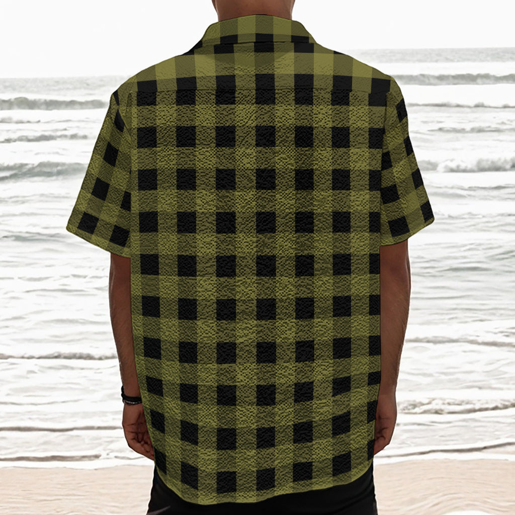Olive Green Buffalo Check Pattern Print Textured Short Sleeve Shirt