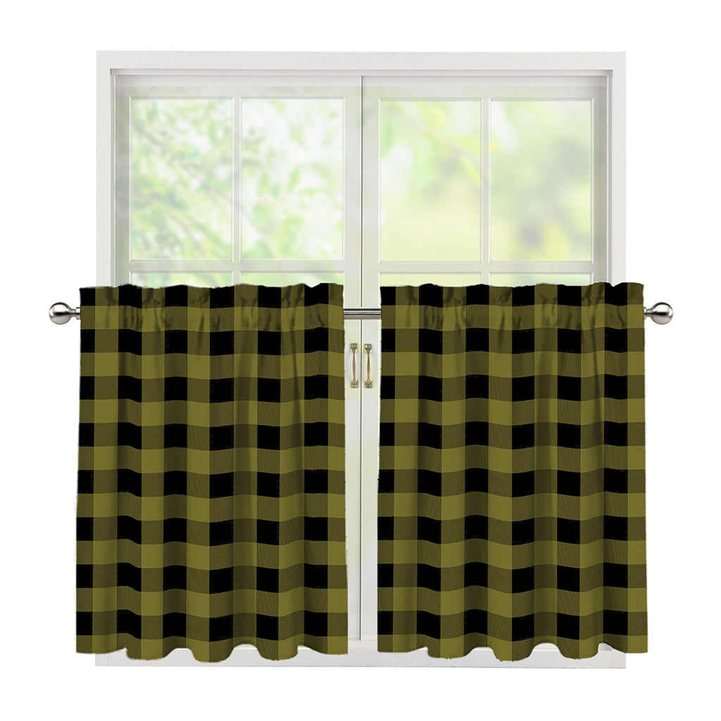 Olive Green Buffalo Check Pattern Print Tier Curtains
