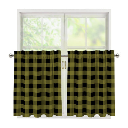 Olive Green Buffalo Check Pattern Print Tier Curtains