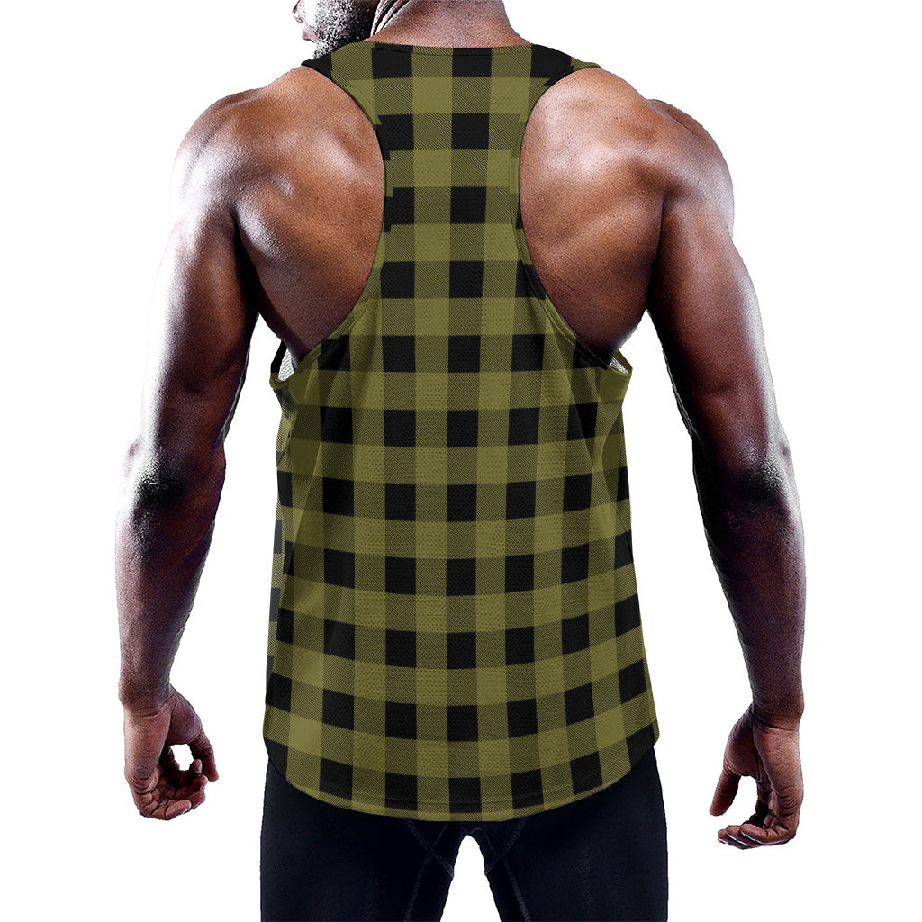 Olive Green Buffalo Check Pattern Print Training Tank Top