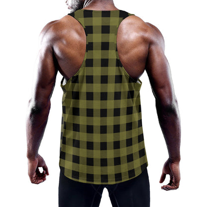 Olive Green Buffalo Check Pattern Print Training Tank Top