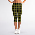Olive Green Buffalo Check Pattern Print Women's Capri Leggings