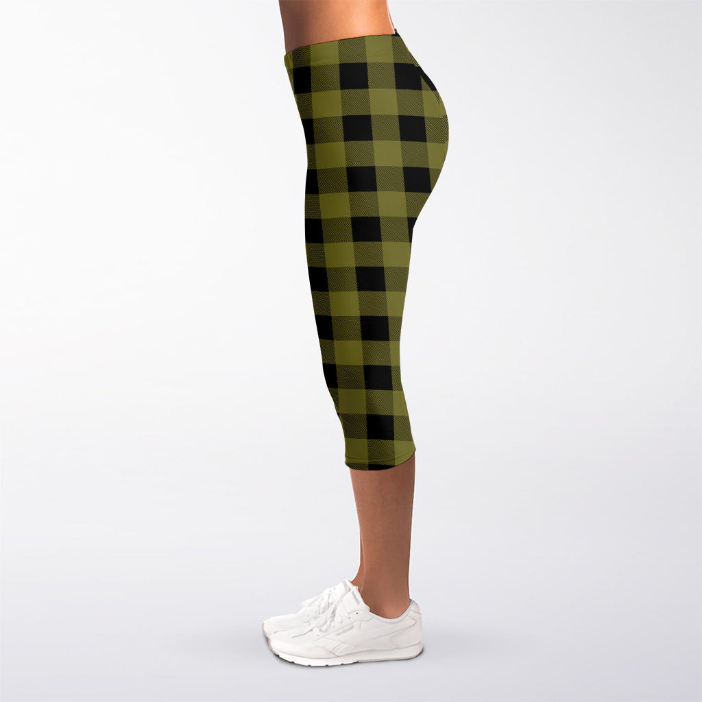 Olive Green Buffalo Check Pattern Print Women's Capri Leggings
