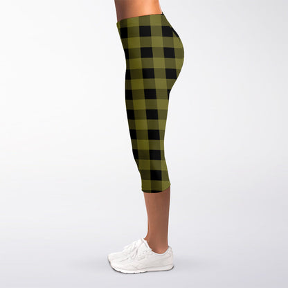 Olive Green Buffalo Check Pattern Print Women's Capri Leggings