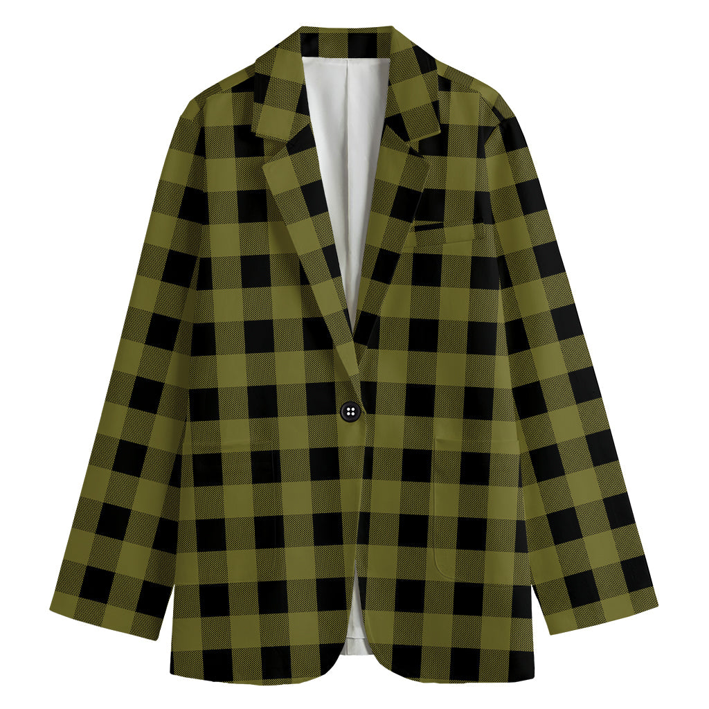Olive Green Buffalo Check Pattern Print Women's Cotton Blazer