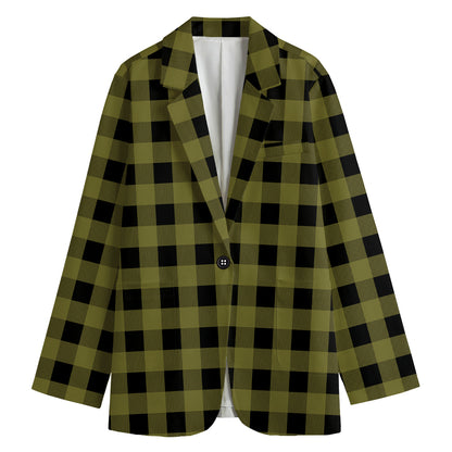 Olive Green Buffalo Check Pattern Print Women's Cotton Blazer