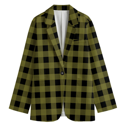 Olive Green Buffalo Check Pattern Print Women's Cotton Blazer