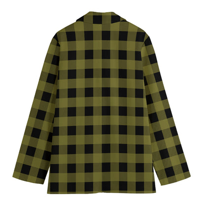 Olive Green Buffalo Check Pattern Print Women's Cotton Blazer