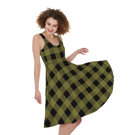 Olive Green Buffalo Check Pattern Print Women's Sleeveless Dress