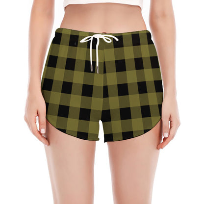 Olive Green Buffalo Check Pattern Print Women's Split Running Shorts