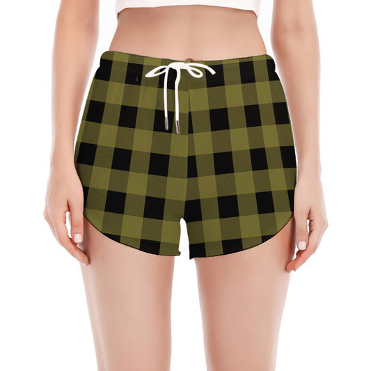 Olive Green Buffalo Check Pattern Print Women's Split Running Shorts