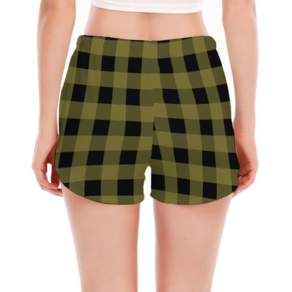 Olive Green Buffalo Check Pattern Print Women's Split Running Shorts