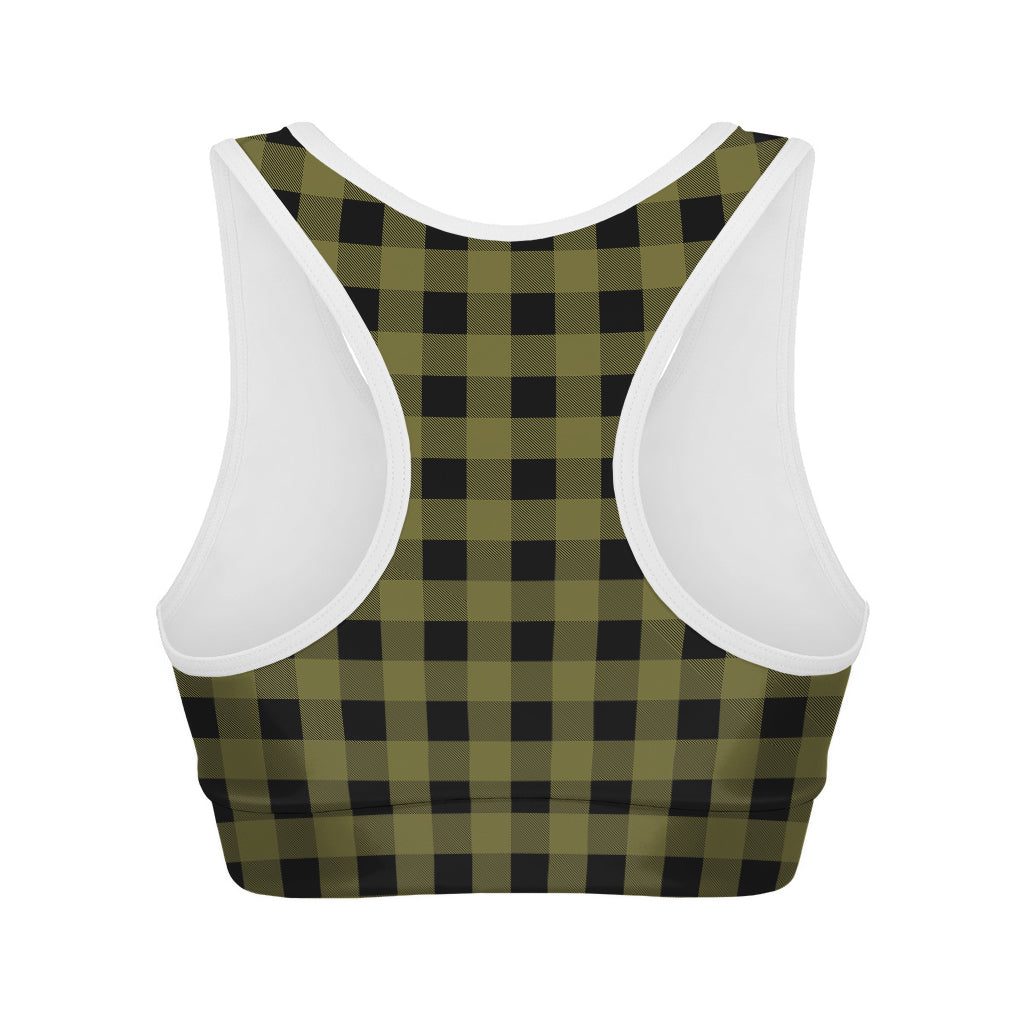 Olive Green Buffalo Check Pattern Print Women's Sports Bra