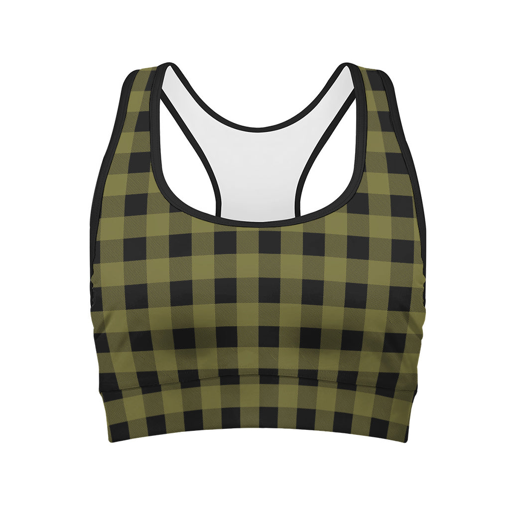 Olive Green Buffalo Check Pattern Print Women's Sports Bra