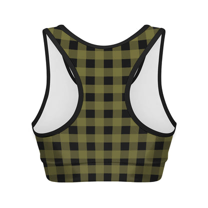 Olive Green Buffalo Check Pattern Print Women's Sports Bra