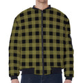 Olive Green Buffalo Check Pattern Print Zip Sleeve Bomber Jacket