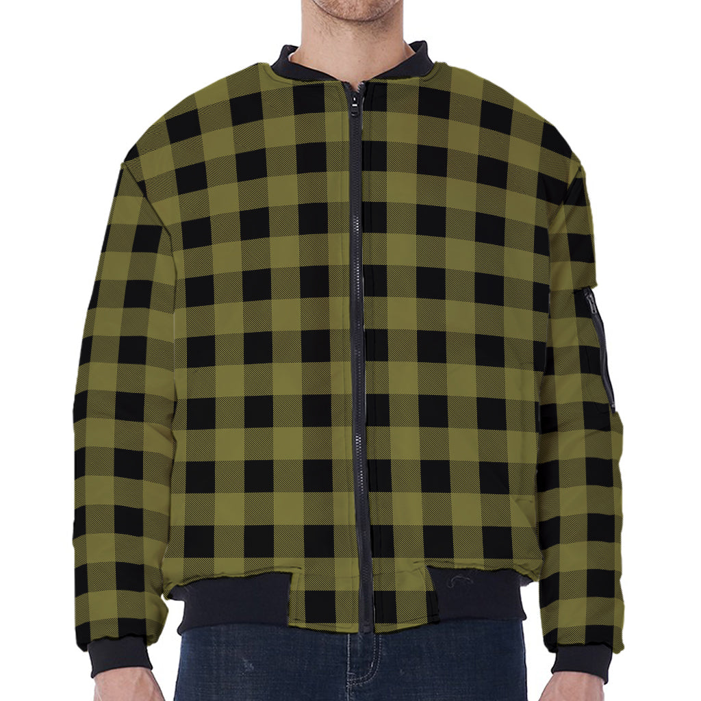 Olive Green Buffalo Check Pattern Print Zip Sleeve Bomber Jacket