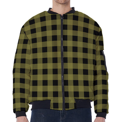 Olive Green Buffalo Check Pattern Print Zip Sleeve Bomber Jacket