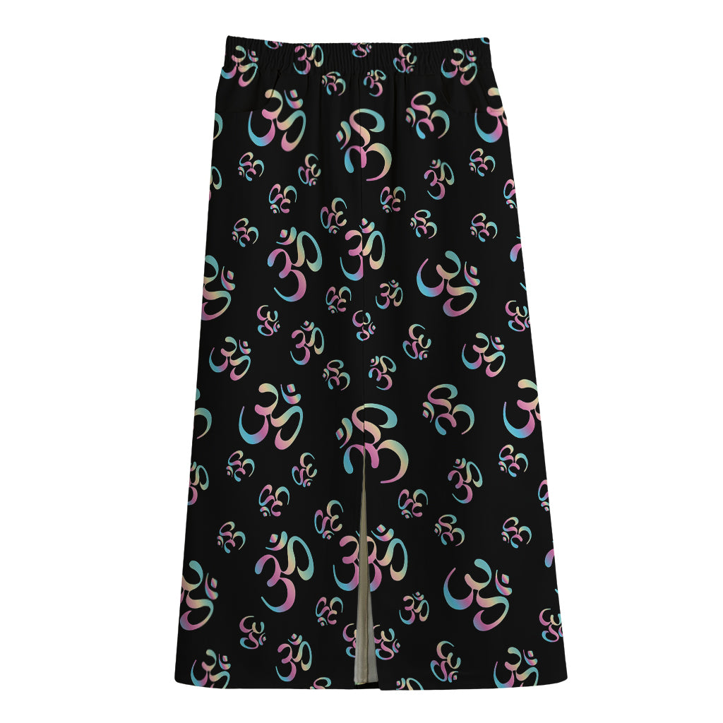 Om Sign Pattern Print Cotton Front Slit Maxi Skirt