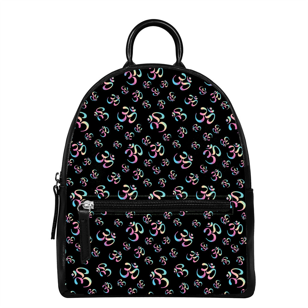 Om Sign Pattern Print Leather Backpack
