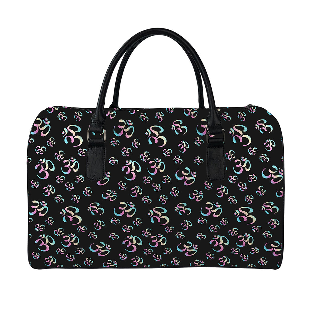 Om Sign Pattern Print Leather Duffle Bag