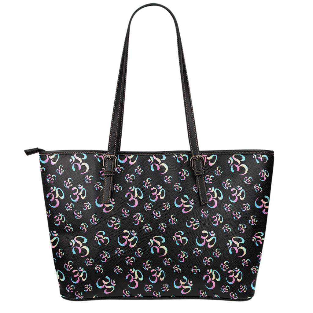 Om Sign Pattern Print Leather Tote Bag