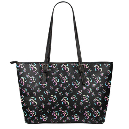Om Sign Pattern Print Leather Tote Bag