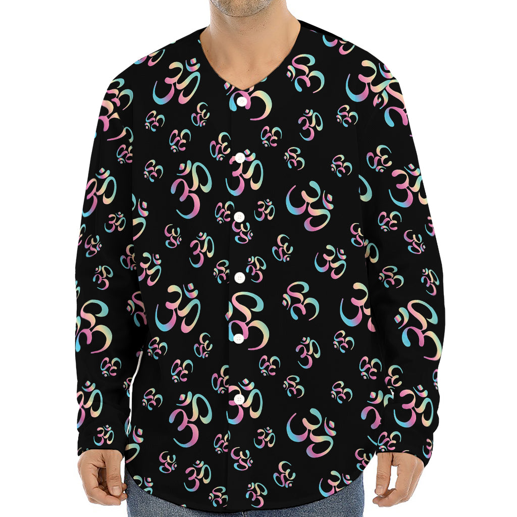 Om Sign Pattern Print Long Sleeve Baseball Jersey