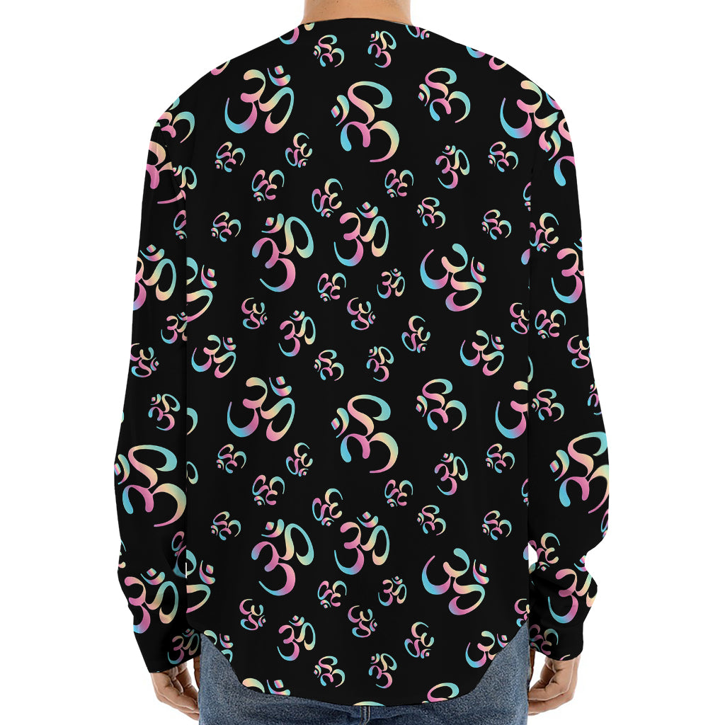 Om Sign Pattern Print Long Sleeve Baseball Jersey