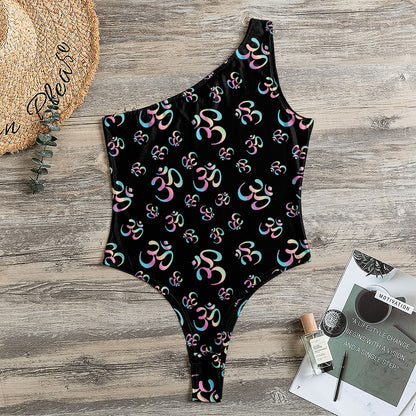 Om Sign Pattern Print One Shoulder Bodysuit