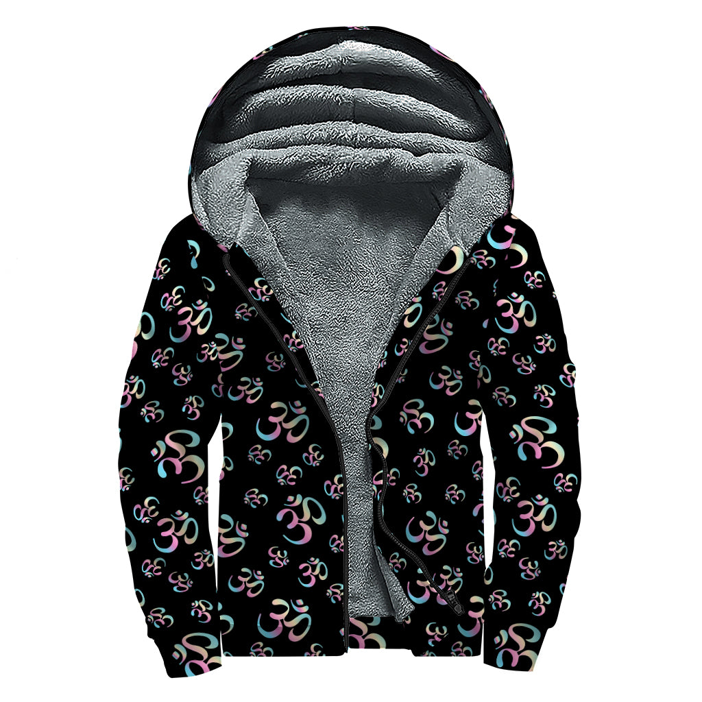 Om Sign Pattern Print Sherpa Lined Zip Up Hoodie