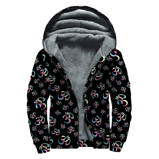 Om Sign Pattern Print Sherpa Lined Zip Up Hoodie