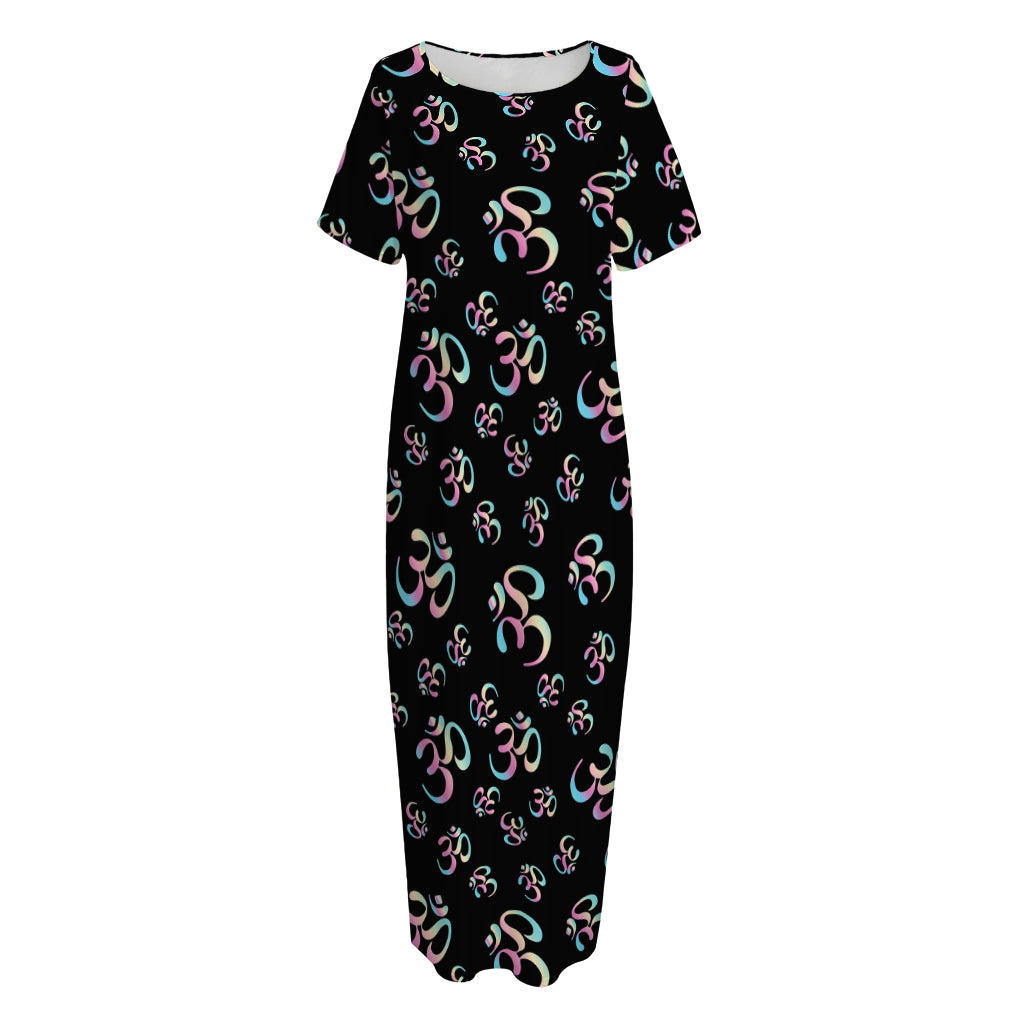Om Sign Pattern Print Short Sleeve Long Nightdress