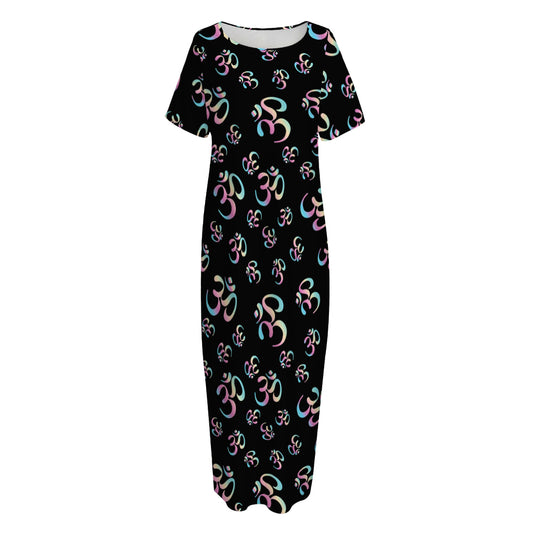 Om Sign Pattern Print Short Sleeve Long Nightdress