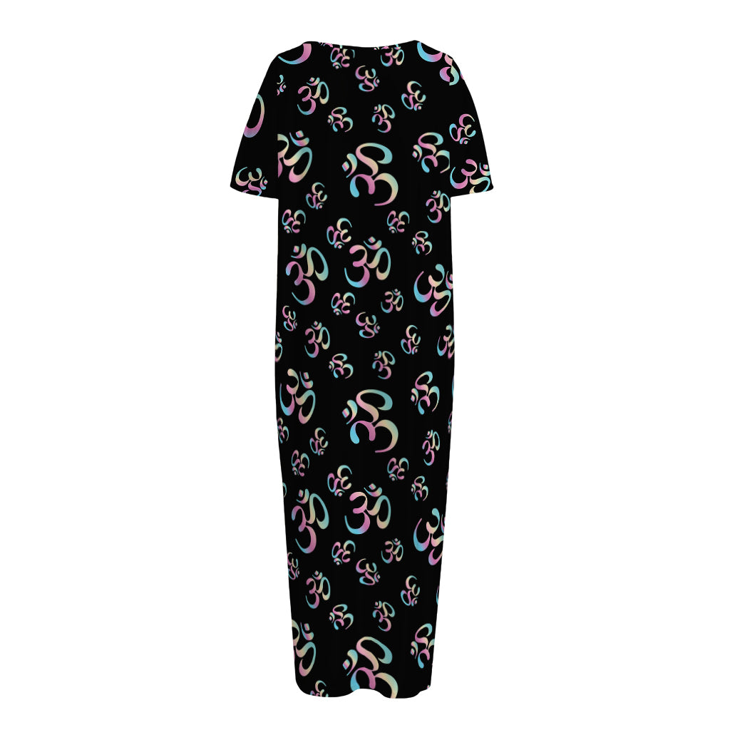 Om Sign Pattern Print Short Sleeve Long Nightdress