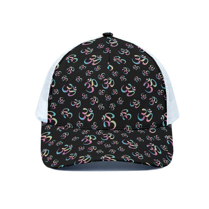 Om Sign Pattern Print White Mesh Trucker Cap