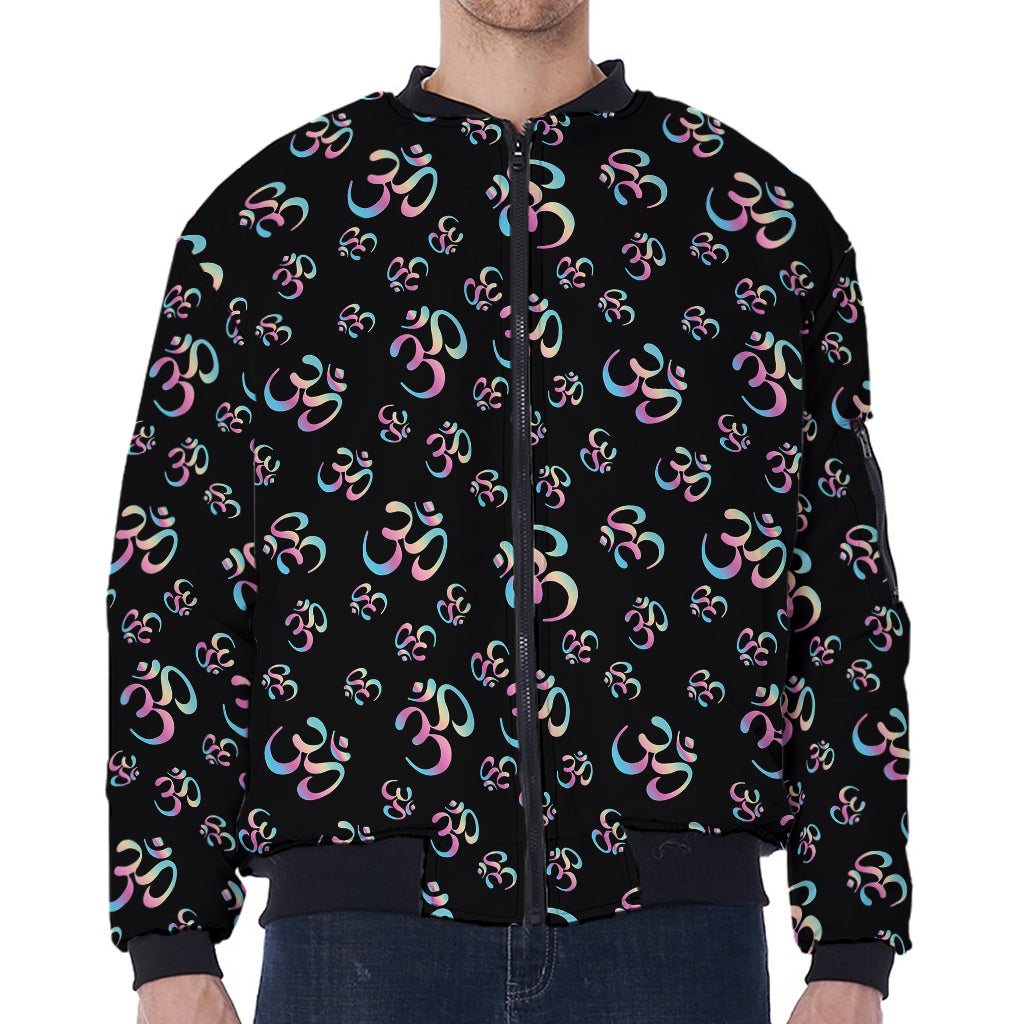 Om Sign Pattern Print Zip Sleeve Bomber Jacket