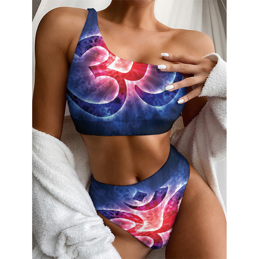 Om Sign Print One Shoulder Bikini Top