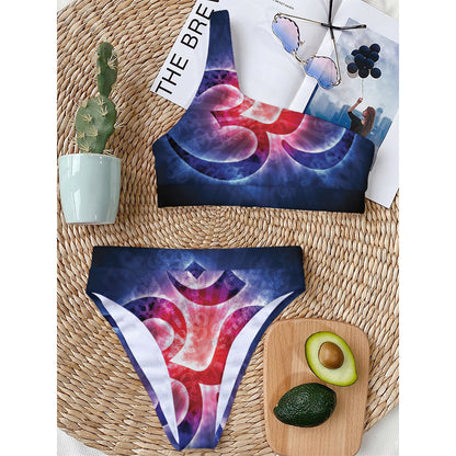 Om Sign Print One Shoulder Bikini Top