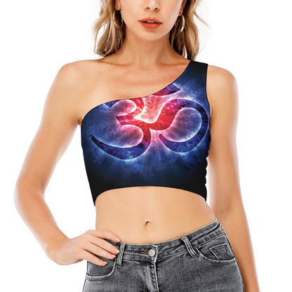 Om Sign Print One Shoulder Crop Top